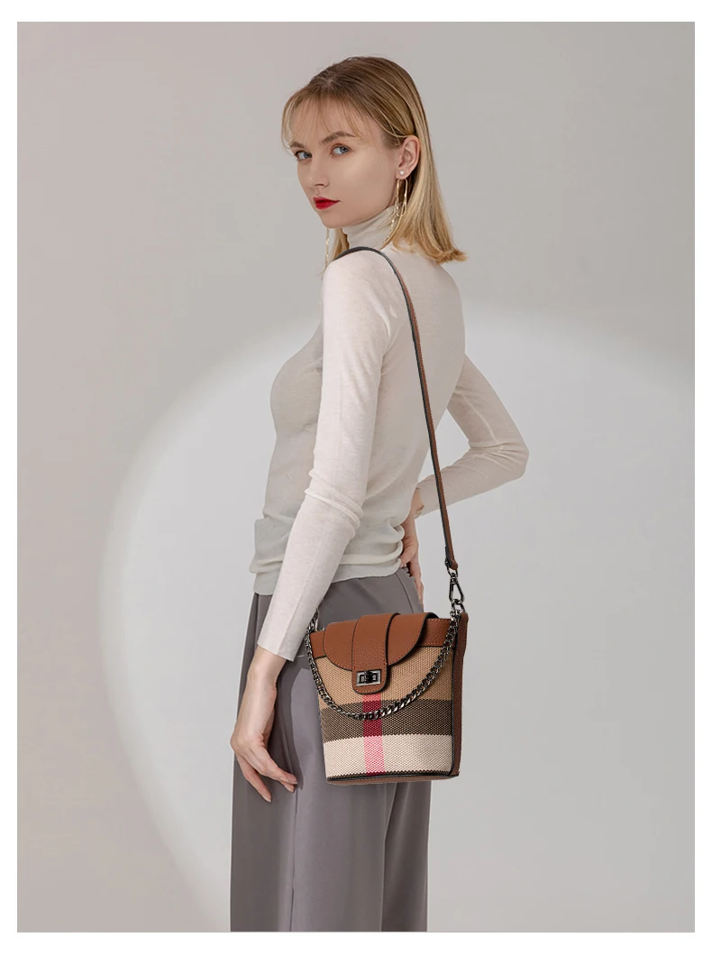 Mini-Beuteltasche für Damen mit Patchwork aus Rindsleder und Canvas, Karomuster, Umhängetasche/Umhängetasche zum Einkaufen, Handytasche – Detail 3