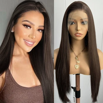 Brown Wig Long Straight Synthetic Lace Front Wigs for Women Brunette Hair Dark Chocolate Brown Lace Wigs Daily Use Party Cosplay 1