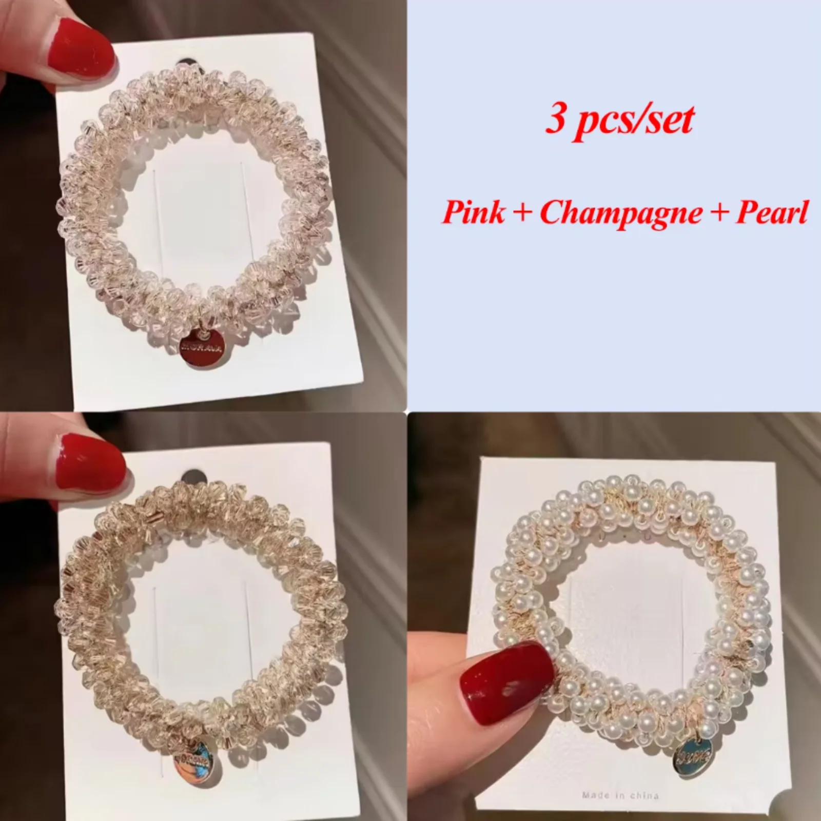 3pcs/set Crystal Pearl Beads Elastic Bands Scrunchies Hair Accessories Women Ponytail Holder Headwear