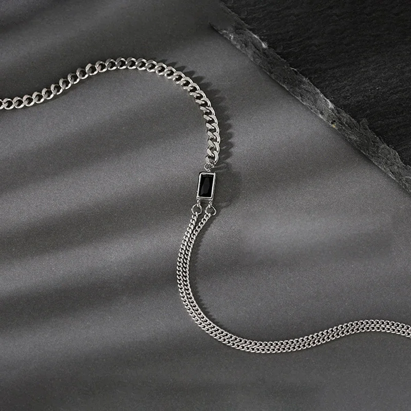 925 Sterling Silver Black Zircon Double-layered Clavicle Chain Necklace for Women