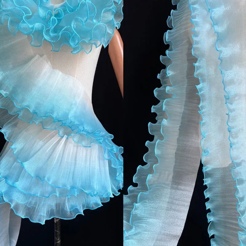 38.28 Yards Gradient Blue Organza Lace Ribbon - 2 3/8 Inch Pleated Ruffled Trim For Sewing, Crafts, Wedding Decor & DIY