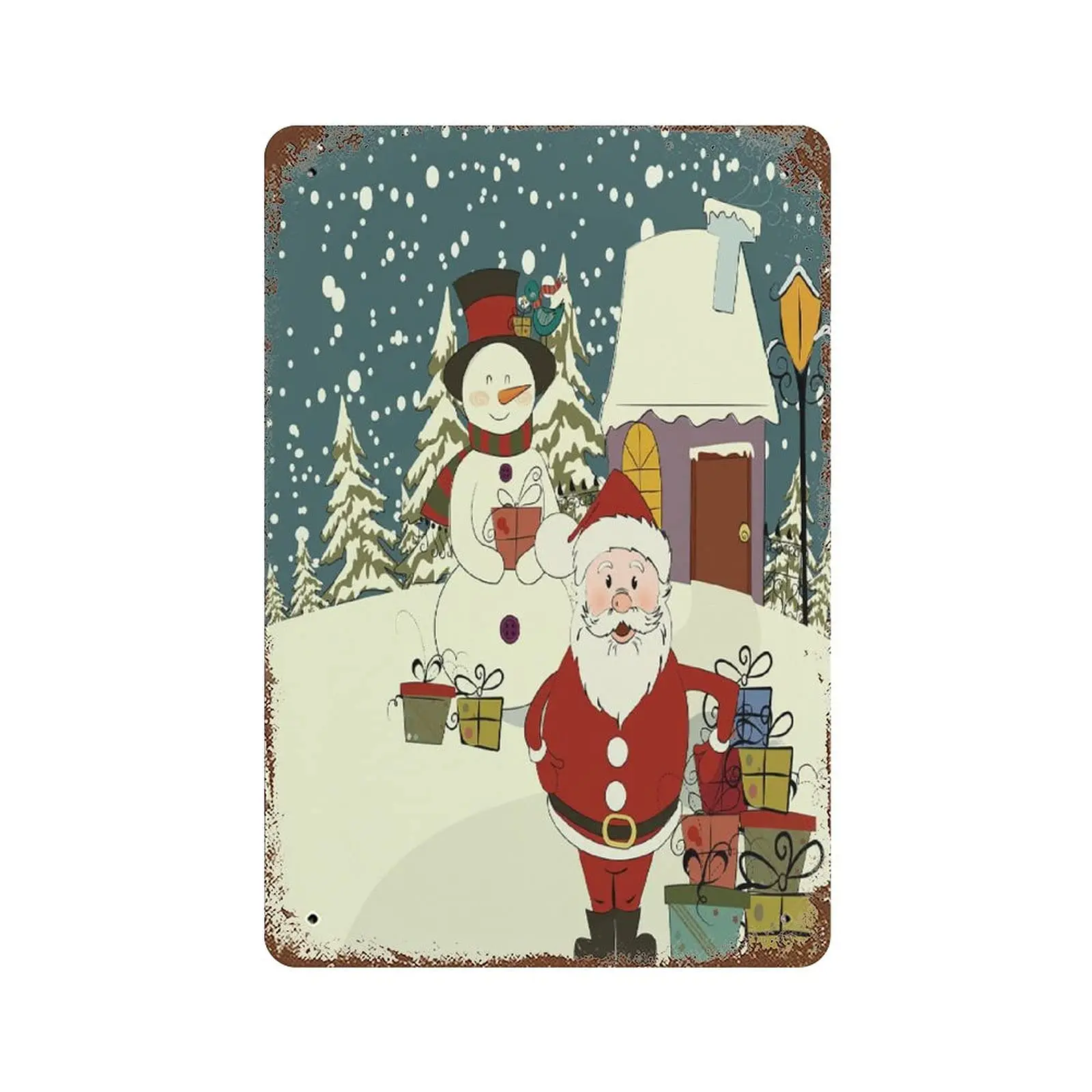 

Vintage Metal Tin Sign Plaque,Christmas Card with Santa and Snowman Tin Sign,Man cave Pub Club Cafe Home Decor Plate，Birthday An