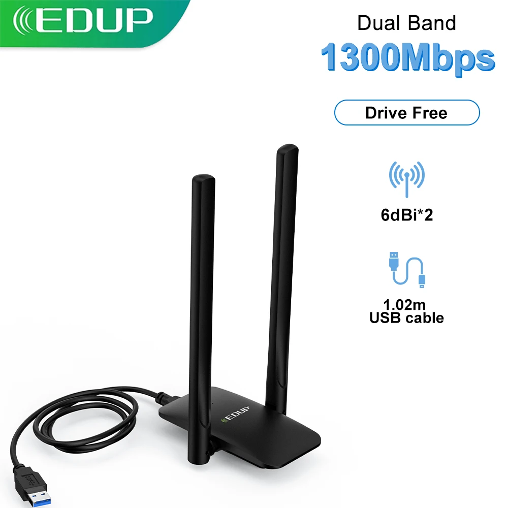 Edup 1300Mbps Adattatore Wifi Usb Scheda Di Rete Wireless 2.4G E 5.8G Con Cavo Usb 2 * 6Dbi Antenna Drive Adattatore Usb Lan Ethernet Gratuito