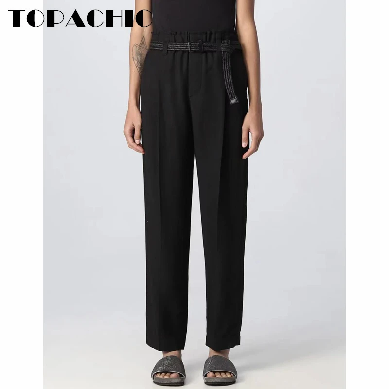 

12.20 TOPACHIC Women's Temperament Black With Belt Linen Thicken Casual Straight Pants