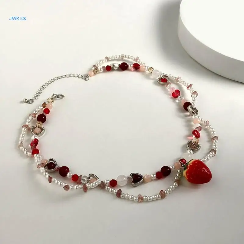 

Strawberry Necklace Imitation Pearl Choker Bohemia Layer Crystal Clavicle Chain