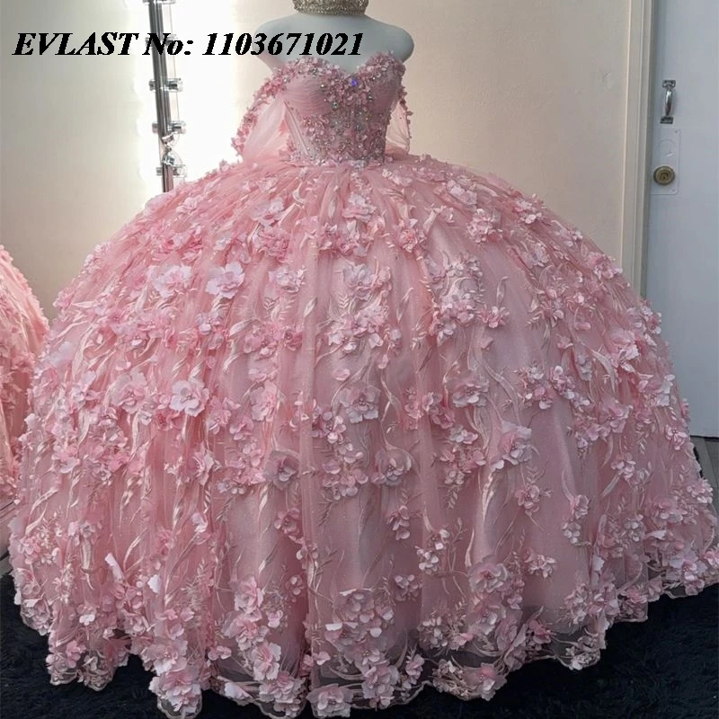 Evlast Mexican Pink Quinceanera Dress Ball Gown 3D Floral Applique Perline Con Fiocco Corsetto Sweet 16 Vestidos De Xv 15 Anos Sq18