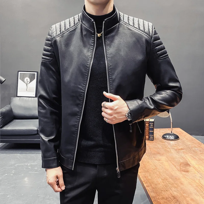 

Men's New Autumn Pu Leather Tie Pocket Zipper Korean Slim Jacket
