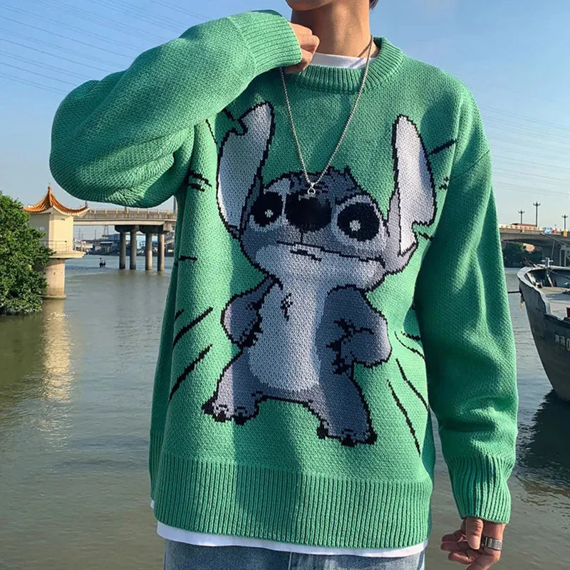 

2024 New Spring And Autumn Loose Lazy Sweater Cute Cartoon Printed Funny Men Korean Edition Handsome Knitted Shirt Long Sleeved