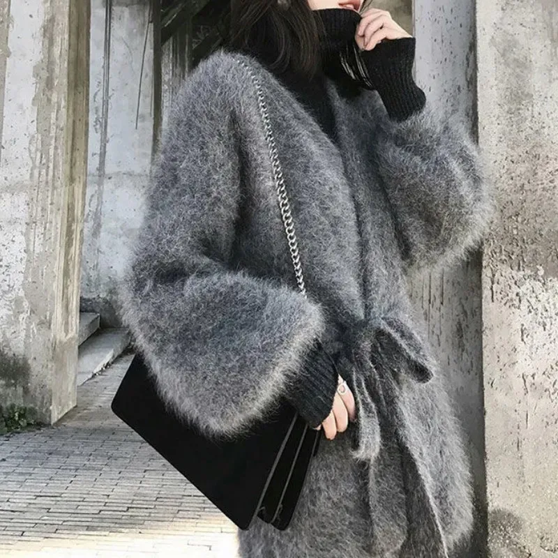 Autumn/Winter  New Coat Mink Fleece Plus Velvet Sweater Women Cardigan Lace Coat Loose Mid-length Lazy Style