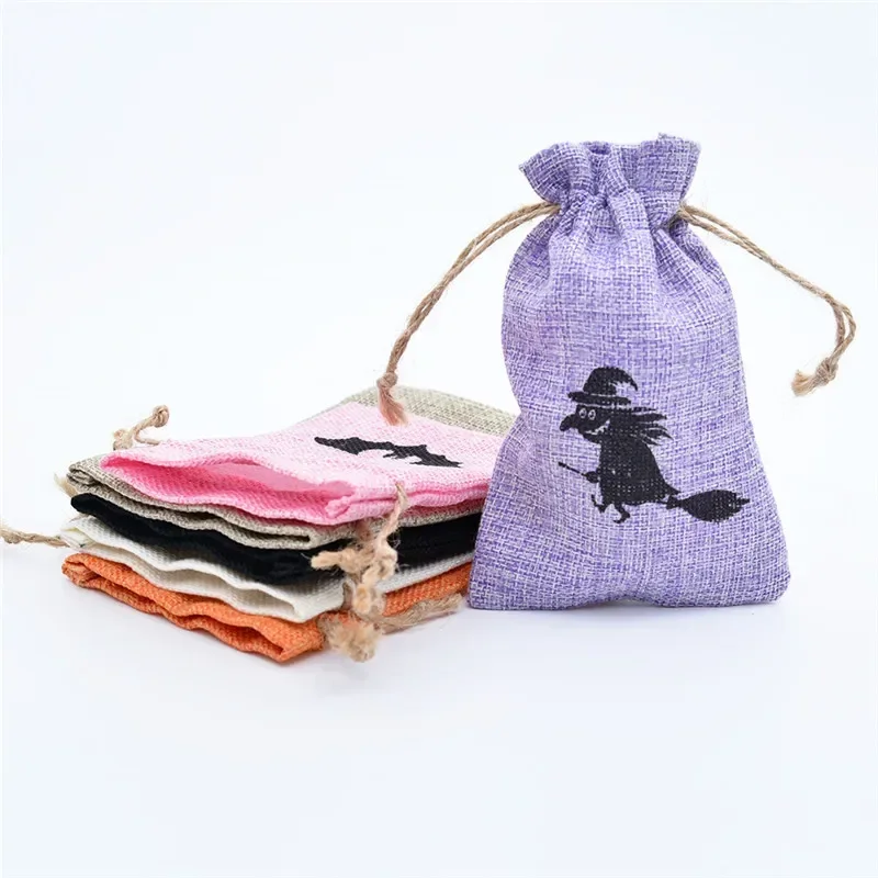 Halloween Candy Bag Drawstring Cotton Linen Snack Storage Holiday Gift Packaging Party Bags Bat Witch Pumpkin Pattern Pouches