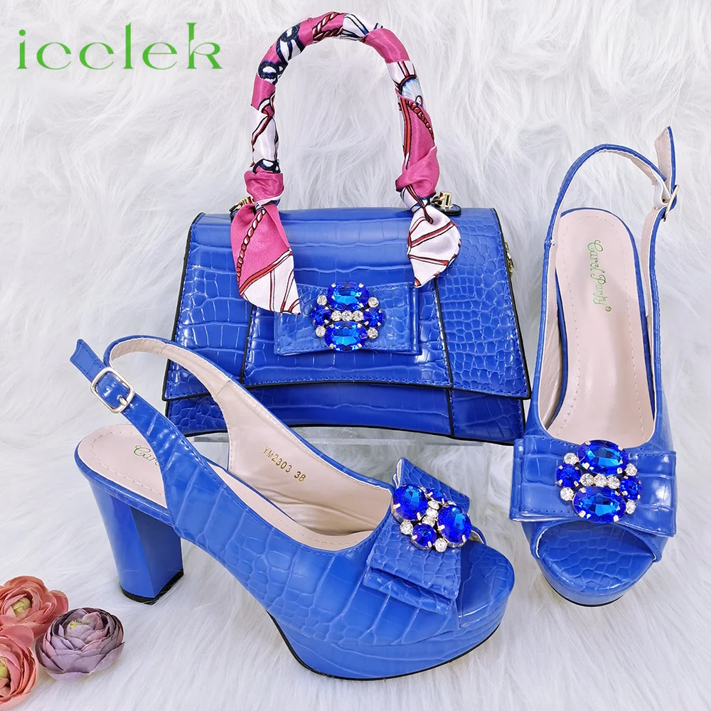 

2024 Royal Blue High Quality Peep Toe Design Mature Classics Ladies Shoes Matching Bag Set For Party