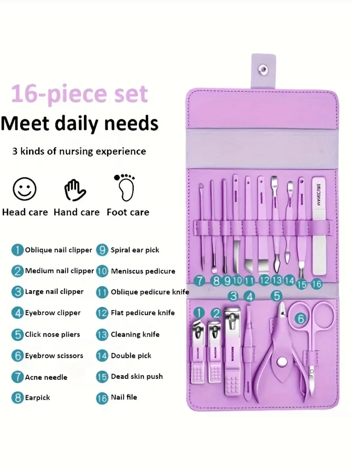 16pcs Stainless Steel Manicure & Pedicure Tool Set, Nail Care Kit, Suitable For Home, Office, Outdoor Travel, Gifts, Nail Salons, Back To School 4