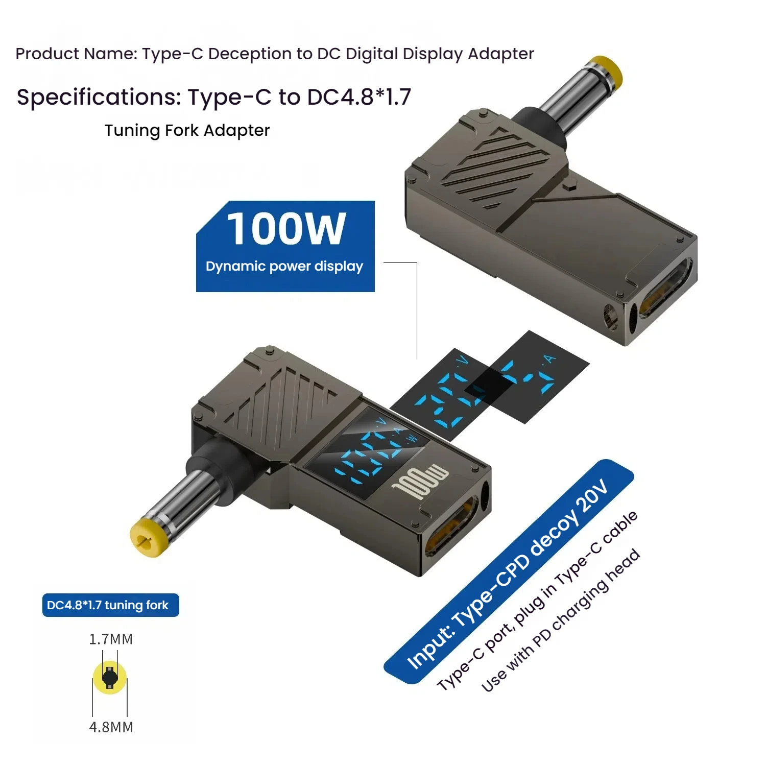100W Laptop Power Charger Converter - Type-C to DC Male Adapter