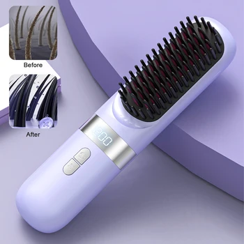 Plancha de pelo inalámbrica con peine, peine caliente, calefacción de cerámica, cepillo eléctrico profesional, peinado suave, plancha, peine para el cuidado del cabello de iones negativos