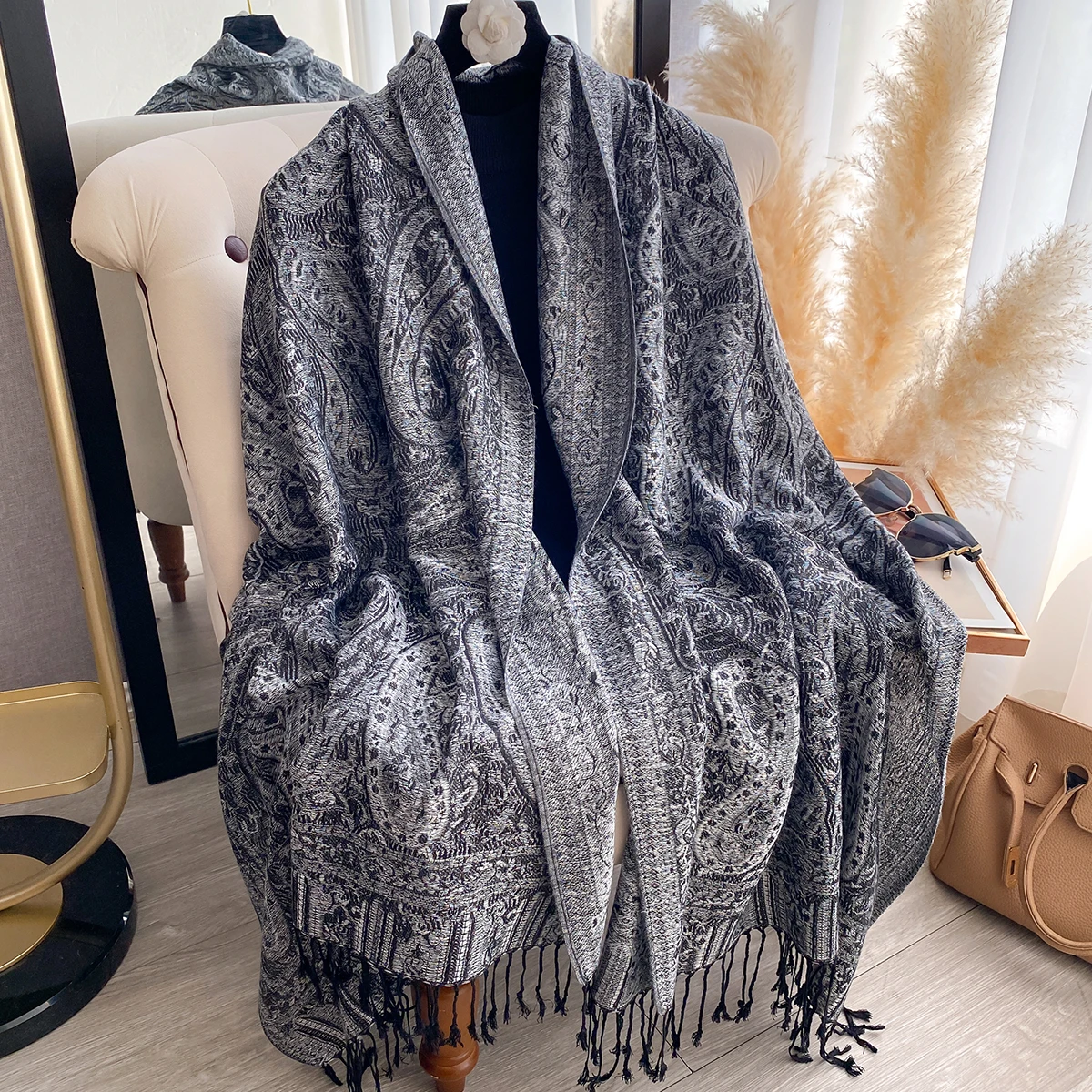 Luxury Winter Women's Cashmere Scarf - Embroidered Printed Tasseled Shawl, Muslim Modal Hijab Headscarf & Warm Poncho