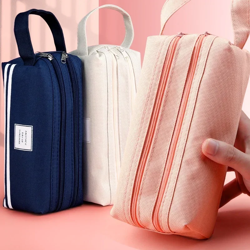 Large Capacity Pencil Cases Double Layer Simple Canvas Bags for Girls Back to School School Office Supplies Stationery - 4