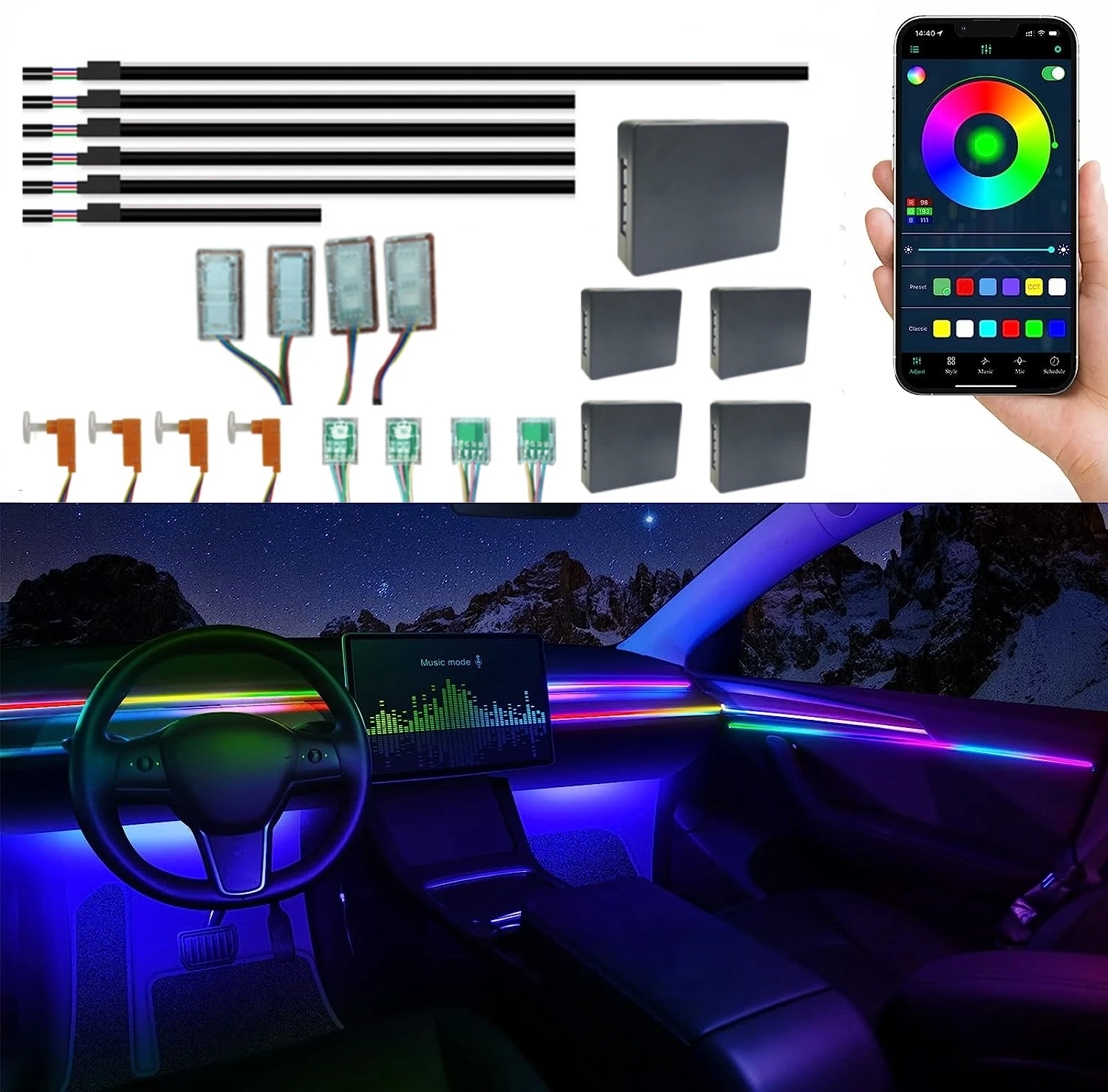 Dreamcolor Acrylic Interior Car LED Strip Light with Wireless APP