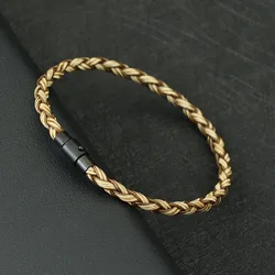 Men's Handmade Braided Leather Bracelet with Double Magnet Buckle - 21.5cm(8.5inch) (Light Brown)