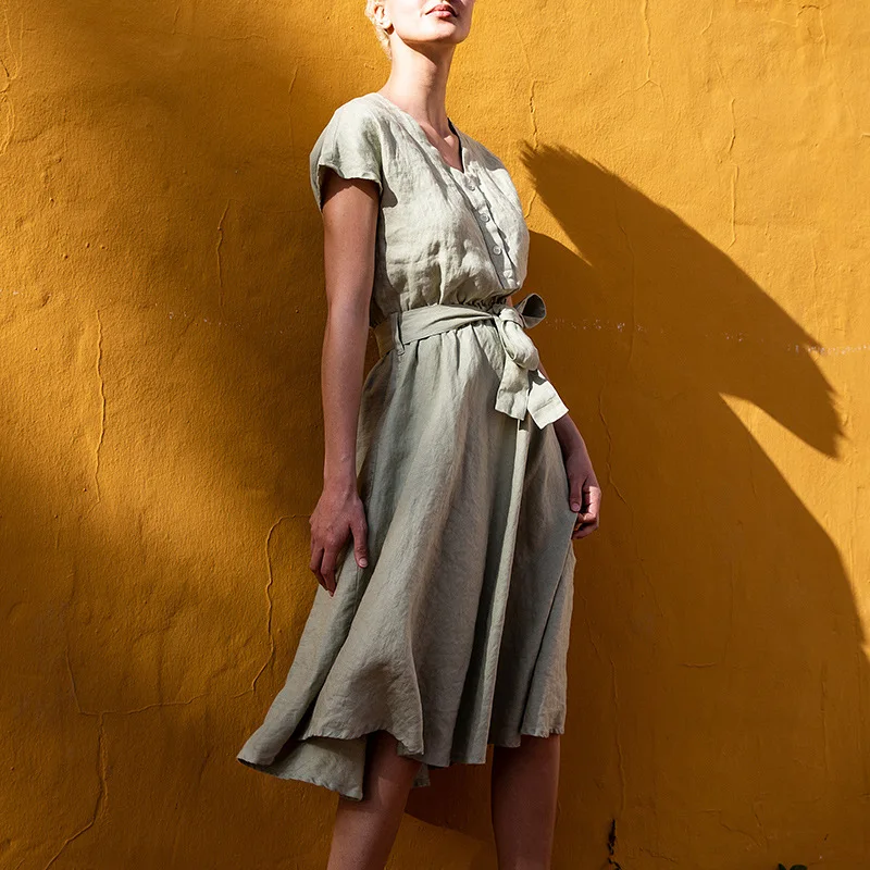 

Женское длинное платье из хлопка и льна, с коротким рукавом и V-образным вырезом