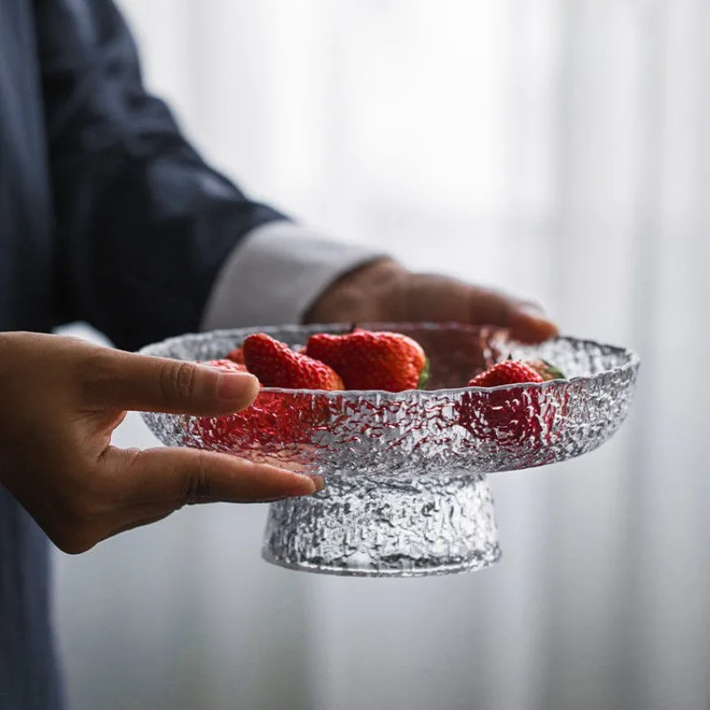 Hammered Pattern Glass round Exquisite Fruit Plate High-Grade Japanese Snacks Tray Minimalist Creative High-Legged Tea Plate 4