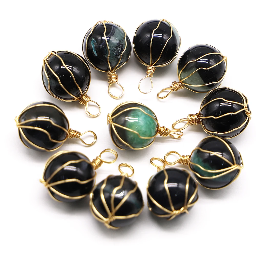 New Natural Agates Stones Pendants Round Bead Shape Onyx Copper Wire DIY Jewelry Bracelets Necklace Making Accessories Wholesale