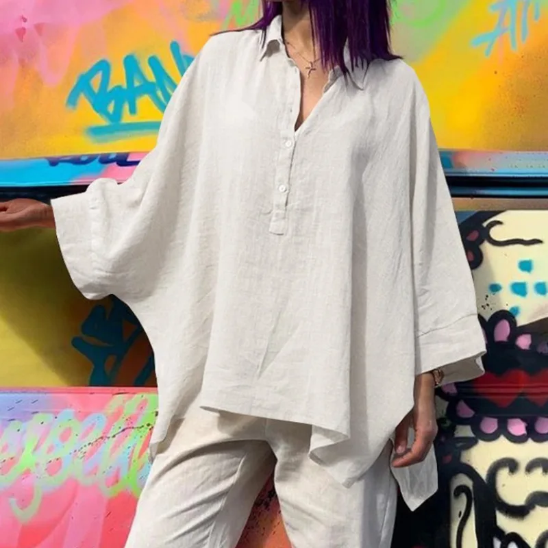 

Women Solid Cotton Linen Solid Batwing Sleeve Blouse Casual Loose Button Holiday Beachwear Pullover Cover Up Pullover Shirt New