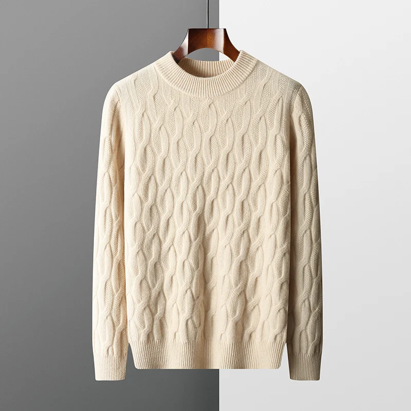 Autumn and winter new thick 100% wool cashmere sweater men's semi-high neck twisted pullover plus size coat casual knit top 5