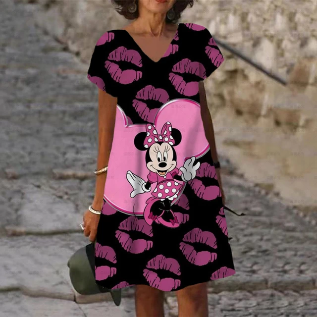 Robe de plage imprimée Disney Minnie Mickey Mouse, Sexy, lèvres, amour,  mode, soirée, femme, col en v, décontractée, élégante, ligne a, mi-longue,  été - AliExpress