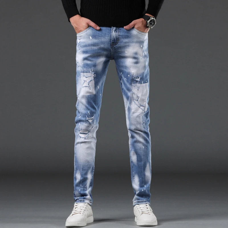 EH · MD Splash Paint Blue Jeans Men's Summer Slim Fit Cotton Casual Cat Must Do Old Pencil Pants Zipper Red Ear High Elasticity