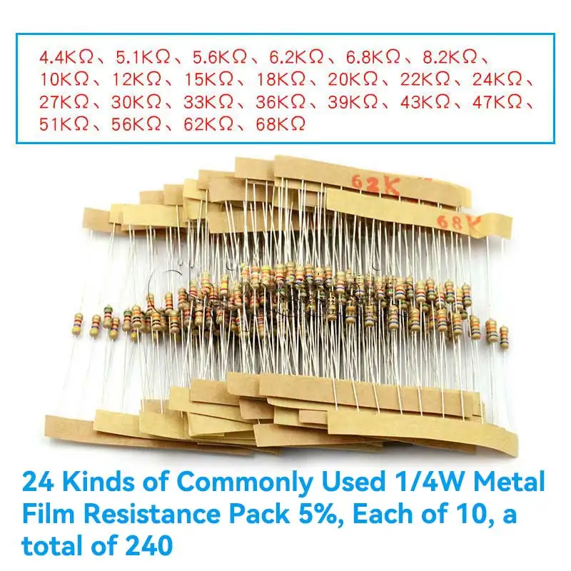 1/4W Carbon Film Resistor Pack 5% 43 Common Four-color Ring Resistor Elements 20 of each elbtonalpercussion – four elements 1 cd