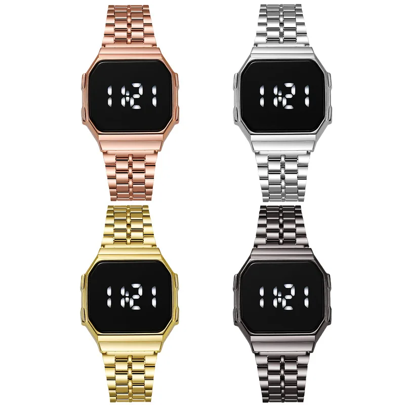 Mode Luxe Led Electronic Touch Vrouwen Horloge Nieuwe Digitale Display Mannen Horloges Metalen Stalen Strip Polshorloge Retro Stijl Klok