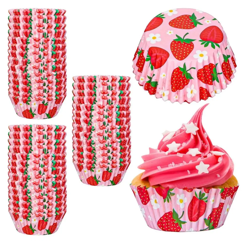 300 Stück rosa Erdbeer-Cupcake-Einlagen, Sommer-Obst-Thema, Pappbecher, Erdbeer-Cupcake-Topper, Standard-Cupcake-Einlagen, Großpackung