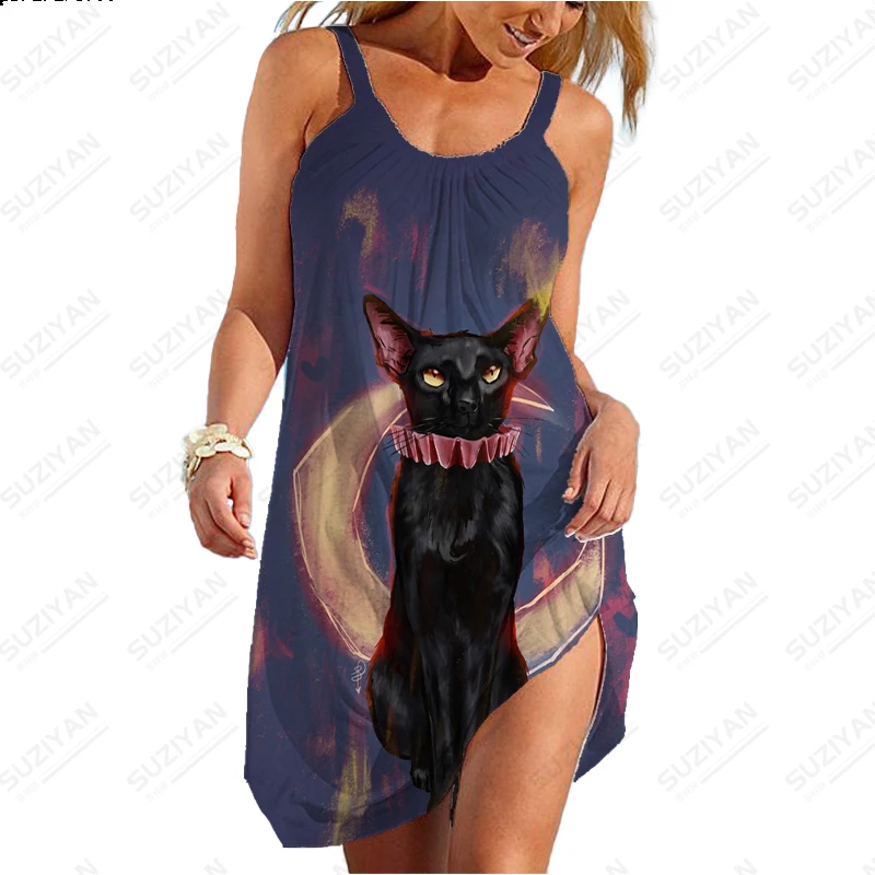 Fashionable summer women's Hawaiian  animal cat 3D printed beach skirt paired with collarless short sleeved women's A-line skirt