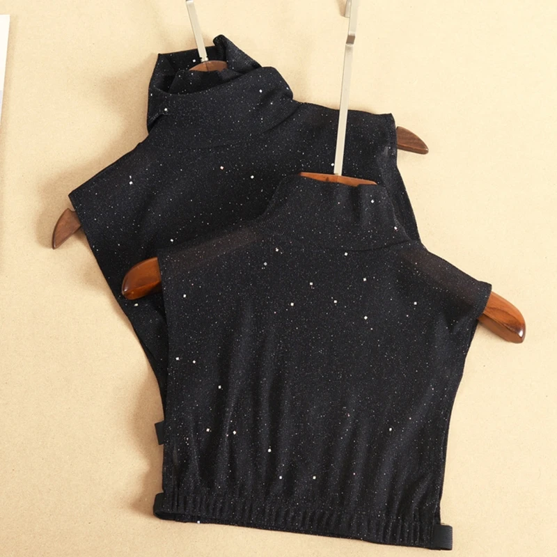 Women Mesh Fake Collar Mock Turtleneck Shiny Sequins for