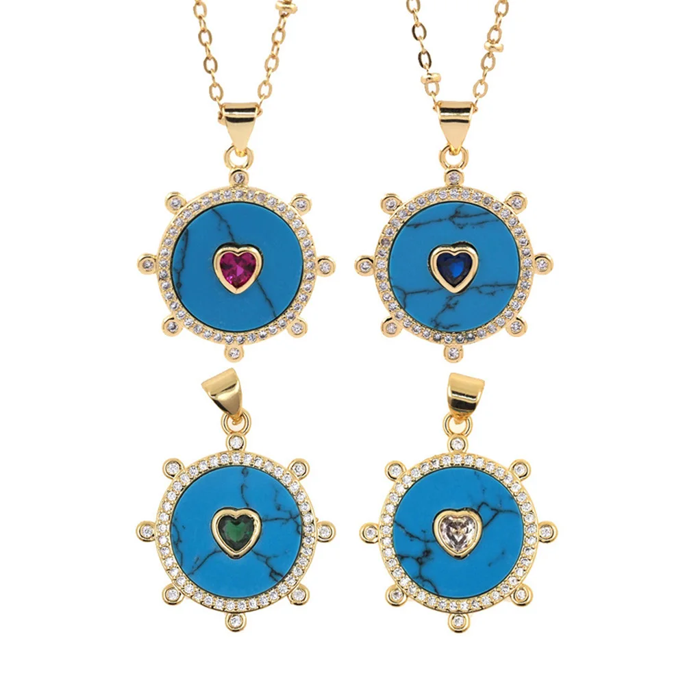 

Fashion Sun Shaped Blue Turquoise Pendant Necklace Colorful Zircon Heart Jewelry Gold Plated Clavicle Chain Gift For Friends