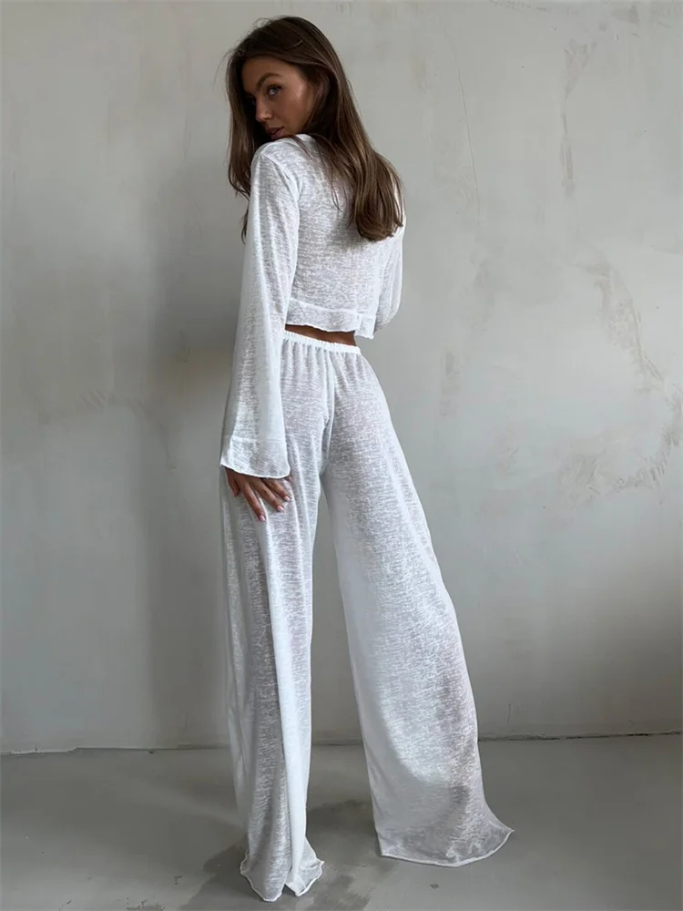 Casual Fashion 2 Piece-Set Trousers For Women V-Neck Lace-Up Long Sleeve Top And High Waist Women's Pants Outfits Female