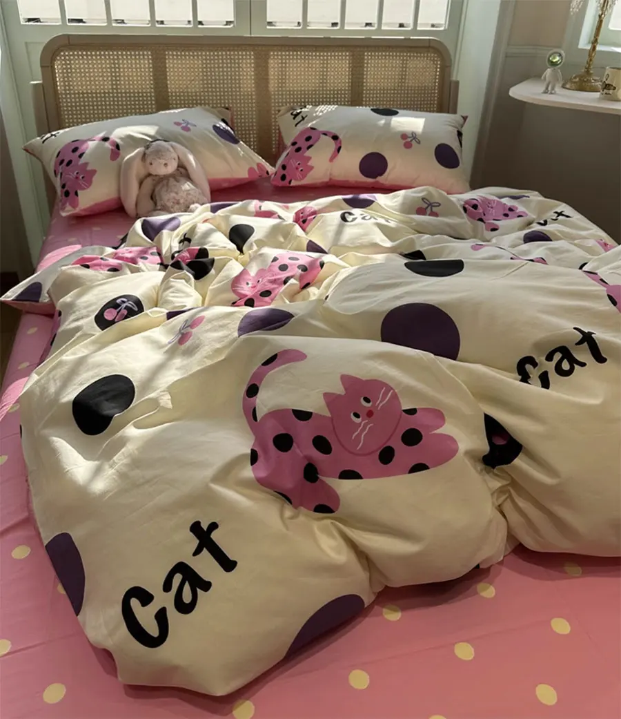 

Fashion cute cartoon cat polka dot bedding set,twin full queen sweet cool cotton home textile bed sheet pillow case quilt cover