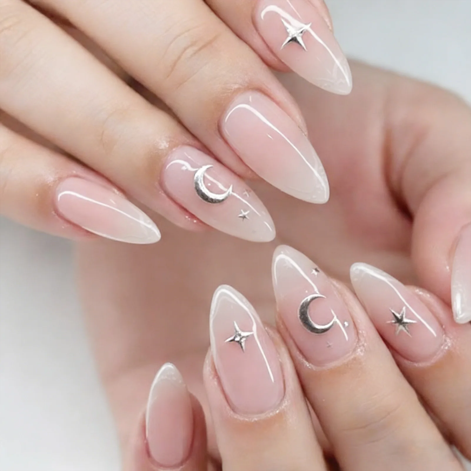 24개 프렌치 스타일 인조 손톱, 록 텍스처 아몬드 모양 프레스온 네일, 인조 손톱, 매니큐어 도구, 네일 팁, 가짜 손톱