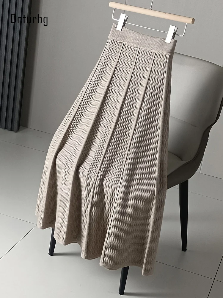 

Luxury Knitted Long Swing Skirt For Women Vintage Elastic High Waist Anti-pilling Stripes Black A-Line Skirts 2023 Winter K386