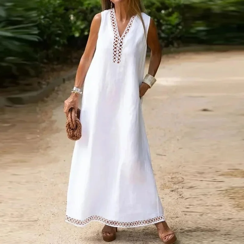 

Sexy V Neck Embroidery Hollow Party Dress Women Spring Solid Cotton Long Maxi Dress Summer Sleeveless Tank Beach Dresses