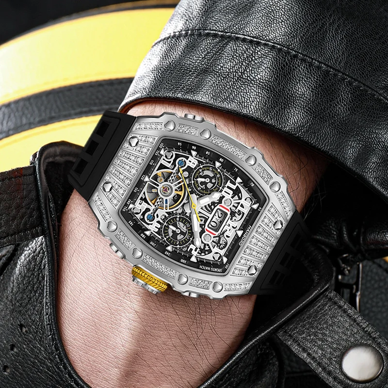 HANBORO Men Automatic Watch Luxury Mechanical Wristwatch Luminous Barrel Case 50M Waterproof Rubber Strap Multifunction Dial