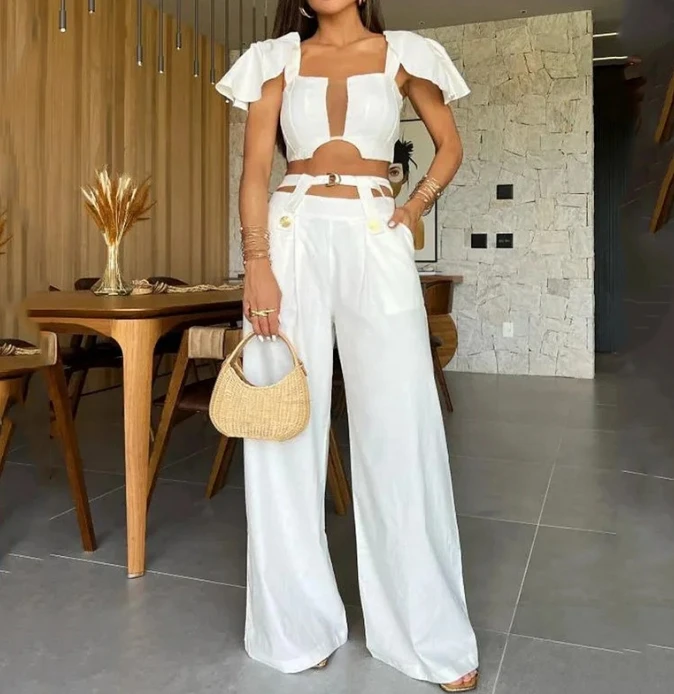 Women's Elegant Commuting Two Piece Set Solid Color Square Neck Raglan Sleeve Vest Tops Button Hollow Out Wide Leg Pants Set