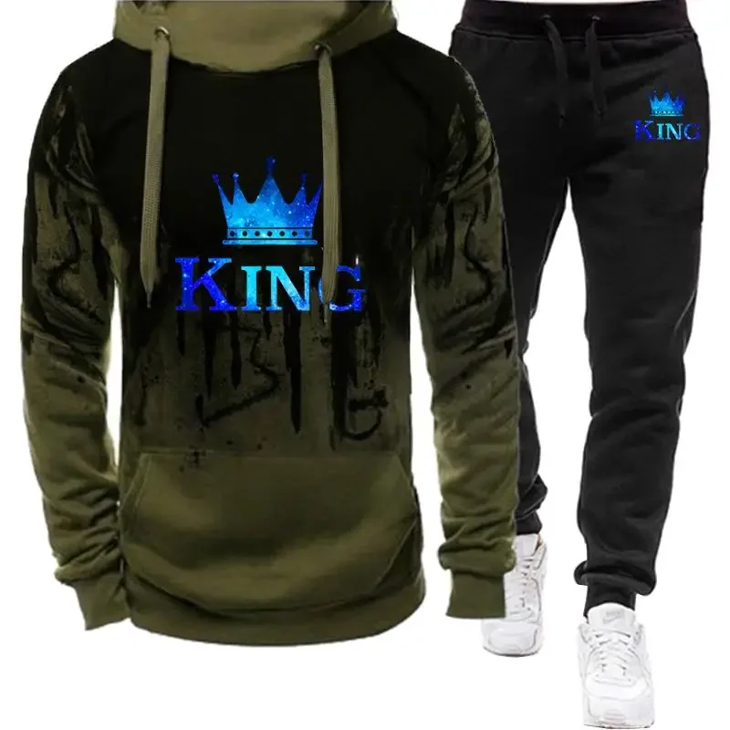 Autumn winter Spring Men's Sports Suit King Printed Tracksuit mens Clothing Hoodie+Sweatpants Fashion 2Pcs Set Jogging 2