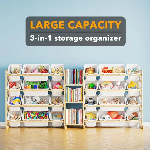 24-Bin 3-Shelf Toy Storage Organizer, Kids Bookcase with Bins, Playroom and Bedroom Decor, White