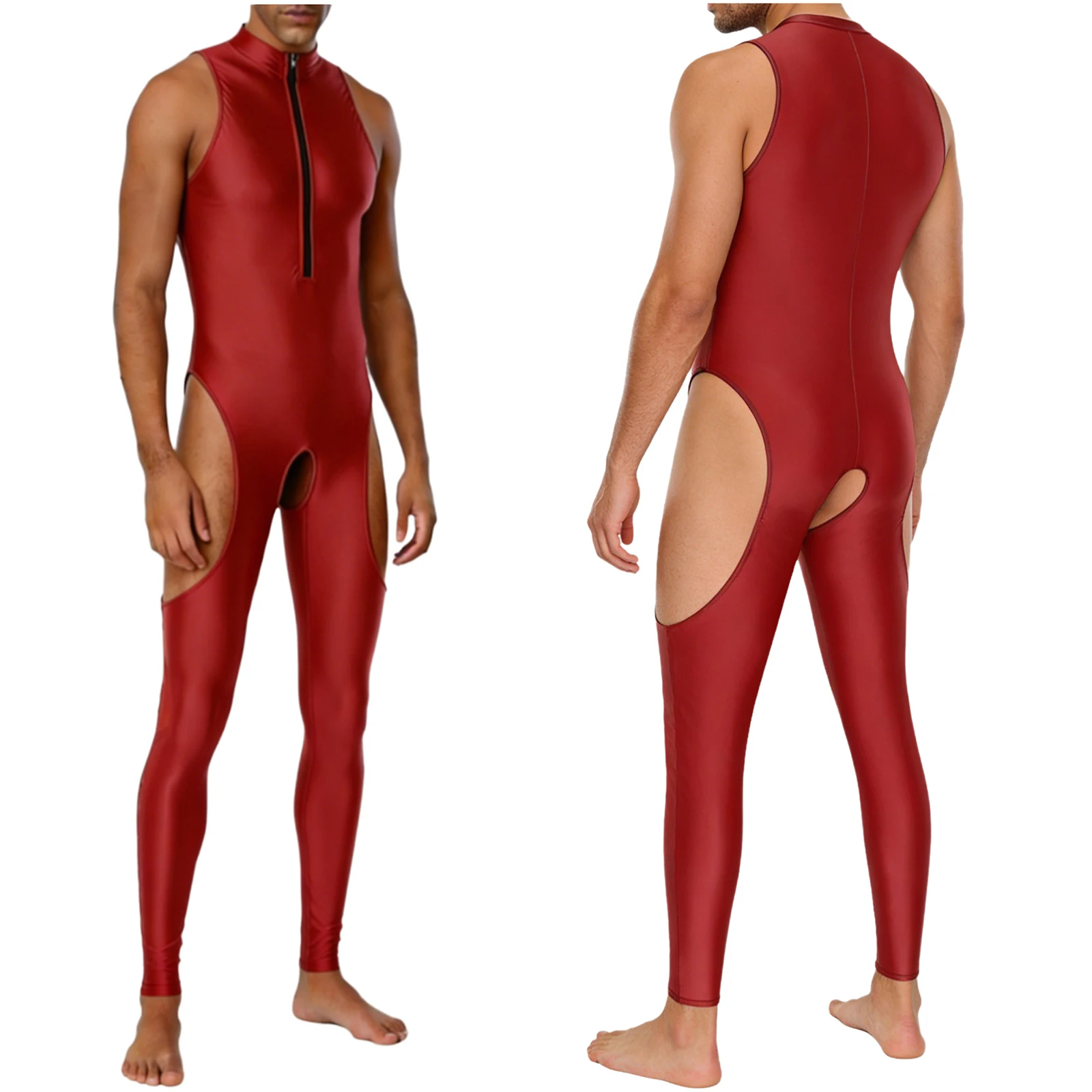 Men Adults Sexy Crotchless Open Butt Thigh Cut Out Bodysuit Leggings Glossy Sleeveless Hollow Out Erotic Gays Tempting Nightwear