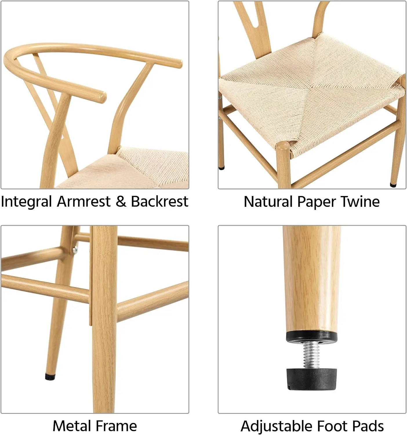 Set of 4 Weave Chair Mid-Century Metal Dining Chair Y-Shaped Backrest Hemp Seat Wood Color Modern Style