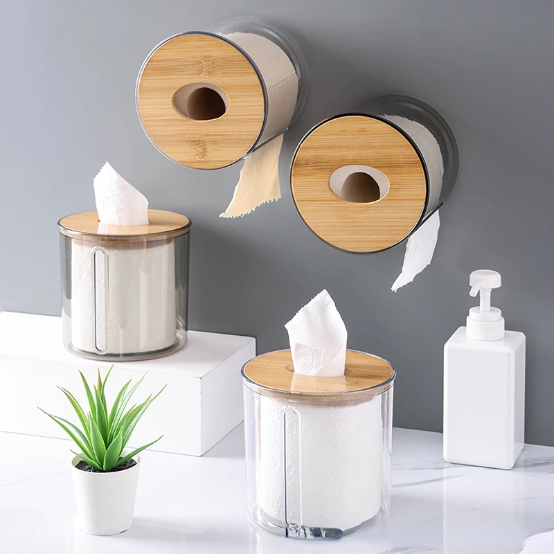 

Creative Circular Plastic Tissue Box, Household Paper Drawer, Bamboo and Wood Cover, Wall-mounted Toilet Paper Rack, Hotel