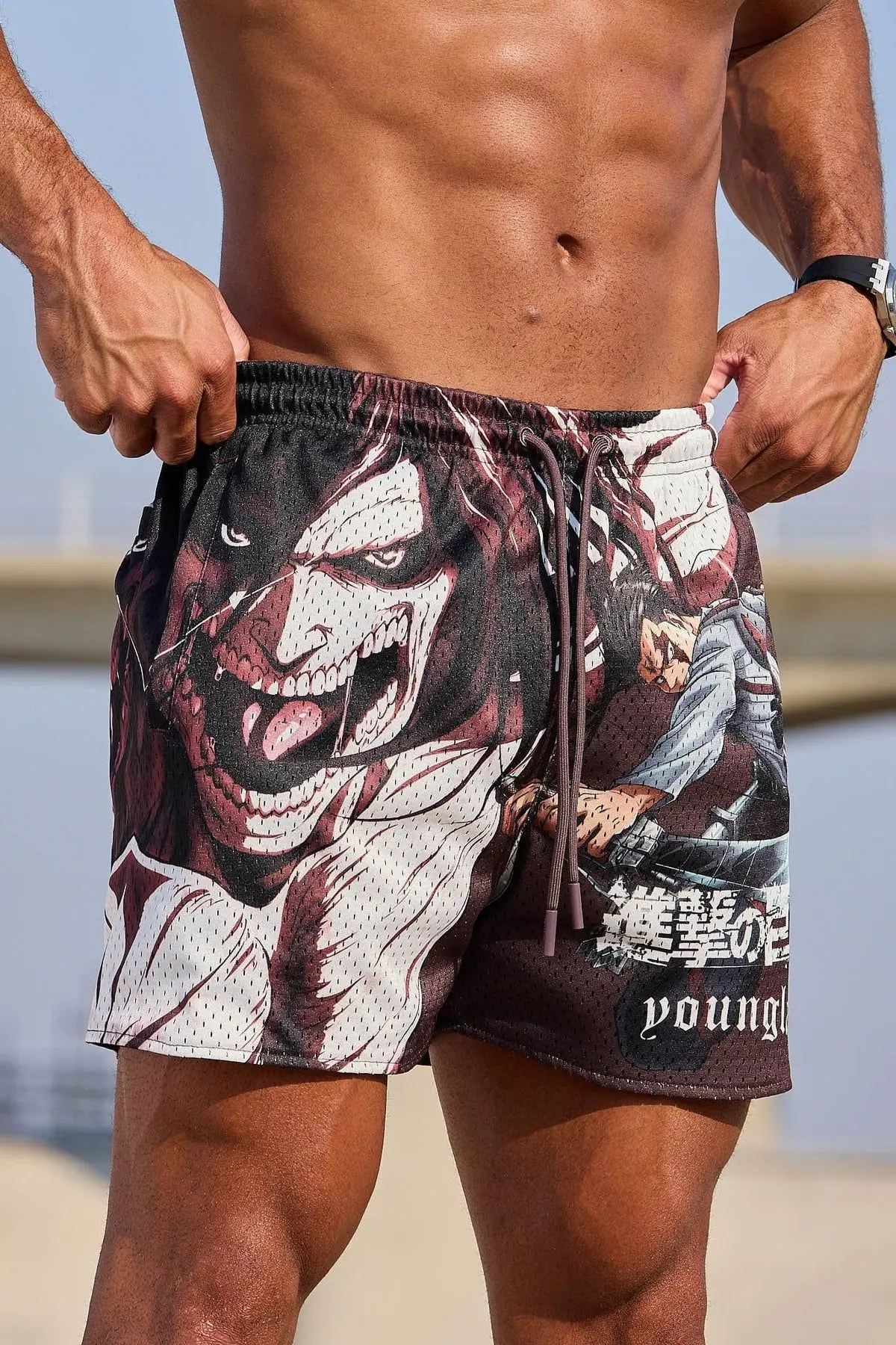 American men's shorts, cool anime pattern, stretch drawstring, fitness mesh, quick-drying, breathable shorts, casual beach pants 6