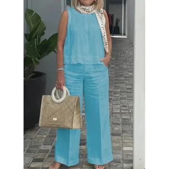Spring Summer Cotton Linen Solid Color Sleeveless Vest Top Women Pants Suit Casual Pocket Elegant Female Office Retro 2Piece Set 1