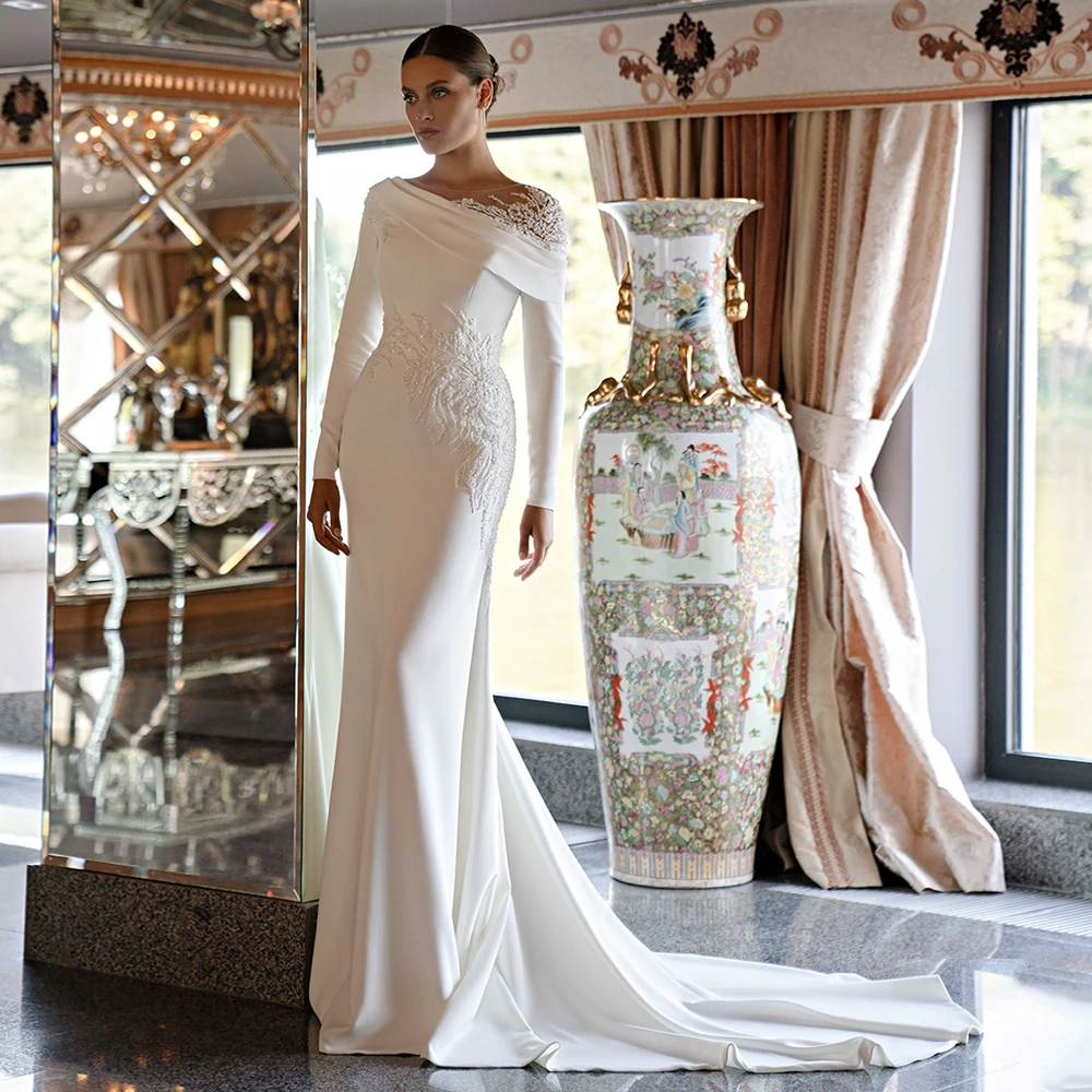 chinese dress ladies High Neck Mermaid Muslim Wedding Dress Satin Bridal Gown – TANYA BRIDAL